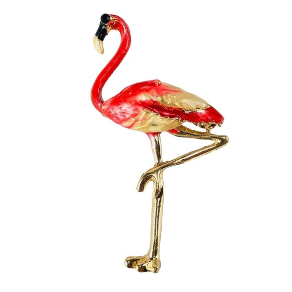 Brooch Pink Flamingo Pin Enamel & Rhinestones Gold Tone - Picture 1 of 2